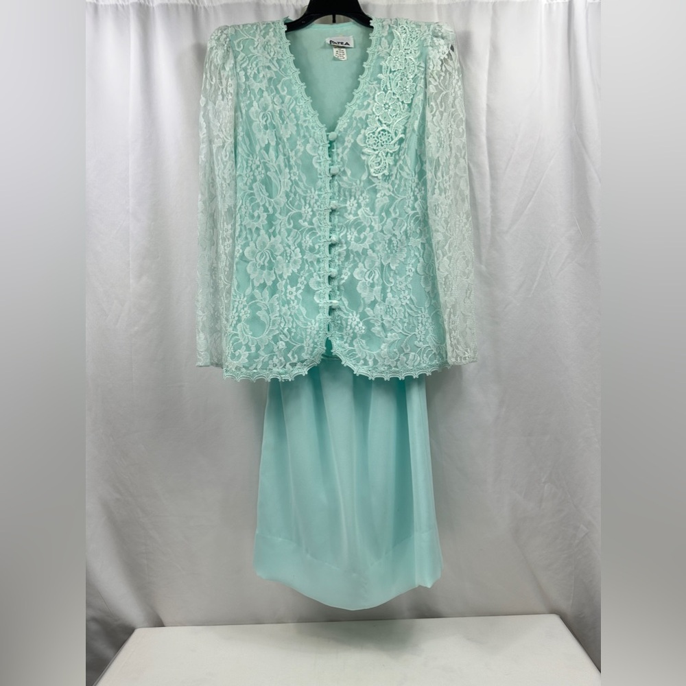 Vintage Patra Pale Turquoise Floral Lace Blazer & Chiffon Skirt Suit Set Size 6
